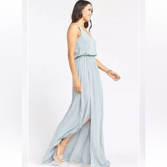 Show Me Your Mumu Kendall Maxi Dress V Neck Slit Blouson Silver Sage Blue L nwt - Picture 2 of 7